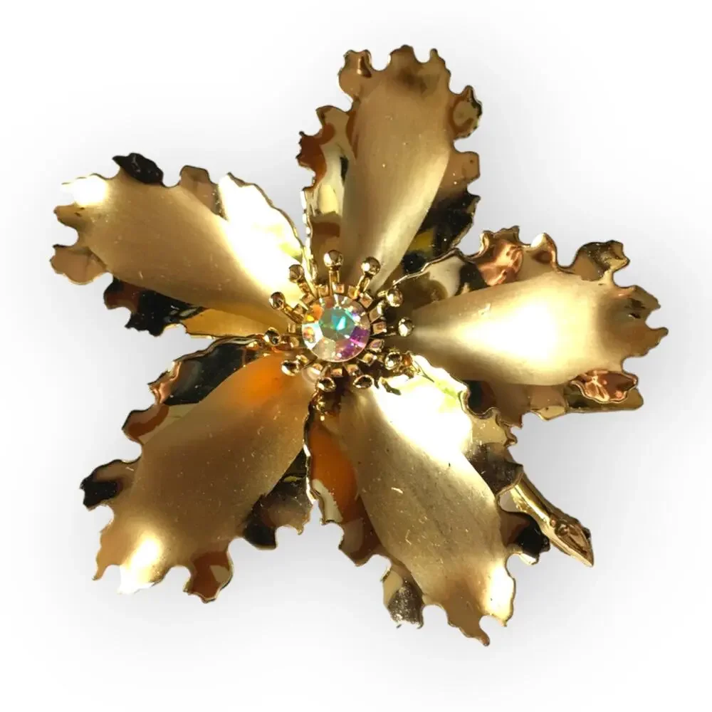 Gold tone flower statement brooch, pin - AB aurora borealis center rhinestone